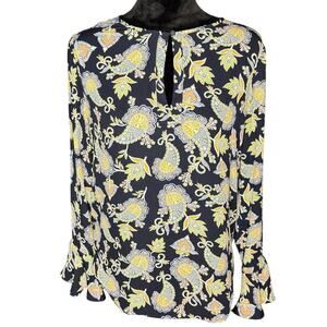 Loft Women's sz Small Navy Multicolor Floral Paisley Blouse Top Ruffle Cuff LS